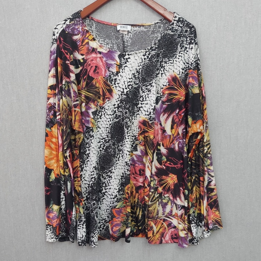 Monroe & Main Floral Abstract Top Women 2X Bell Sleeve Slit Arm Boho Artsy Flowy - Picture 2 of 16